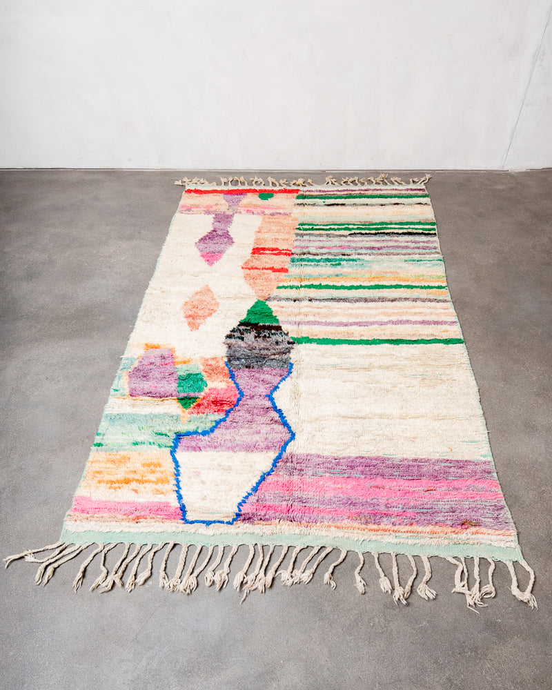 Modern, designer, handcrafted Berber rug from Morocco. Vintage carpet with beautiful colours and patterns and fluffy texture.